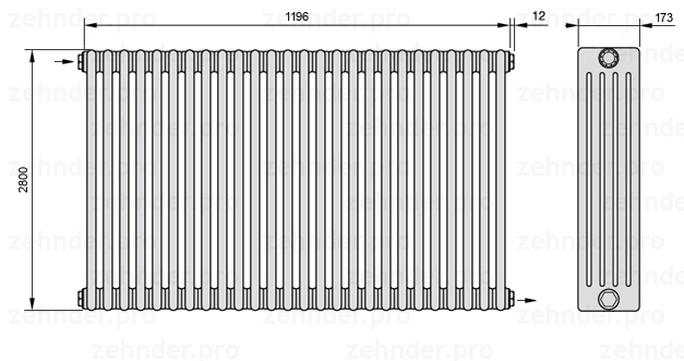 Схема (чертеж) Радиатор Zehnder Charleston 5280/26 №1670 Белый глянцевый RAL 9016
